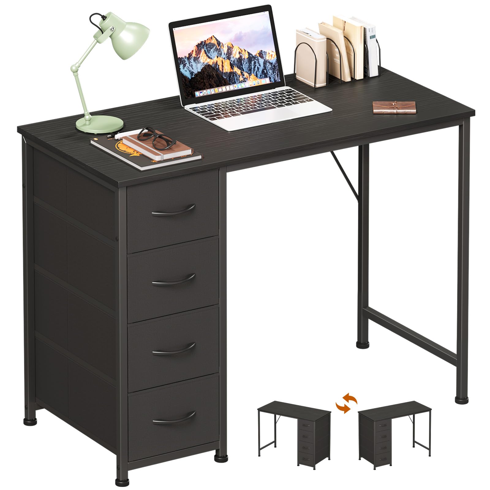 Somdot Computer Desk with 4 Fabric Drawers, 39.4 inch Reversible Home Office Desk, Small Gaming Desk with Drawers, Metal Frame for Home Office, Black