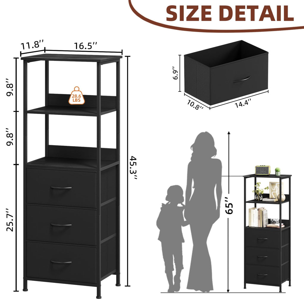 Somdot 5 Tier Bookshelf,Tall Bookcase with 3 Fabric Drawers,Storage Wood Shelf and Metal Frame,Shelving Unit for Living Room,Office,Study,Black