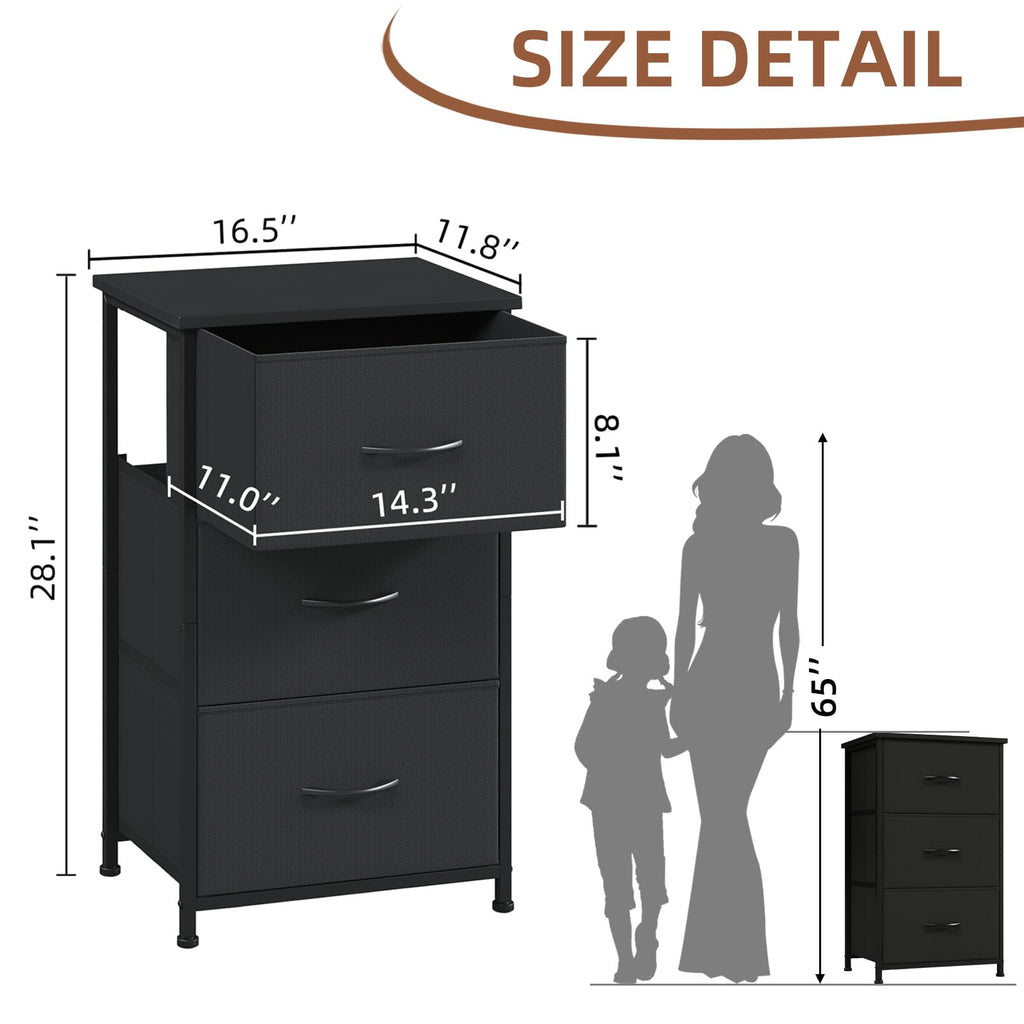 Somdot Nightstand, 3 Drawer Dresser for Bedroom, Bedside Table Night Stand End Table with Fabric Bins for Bedroom Closet Dorm,Black