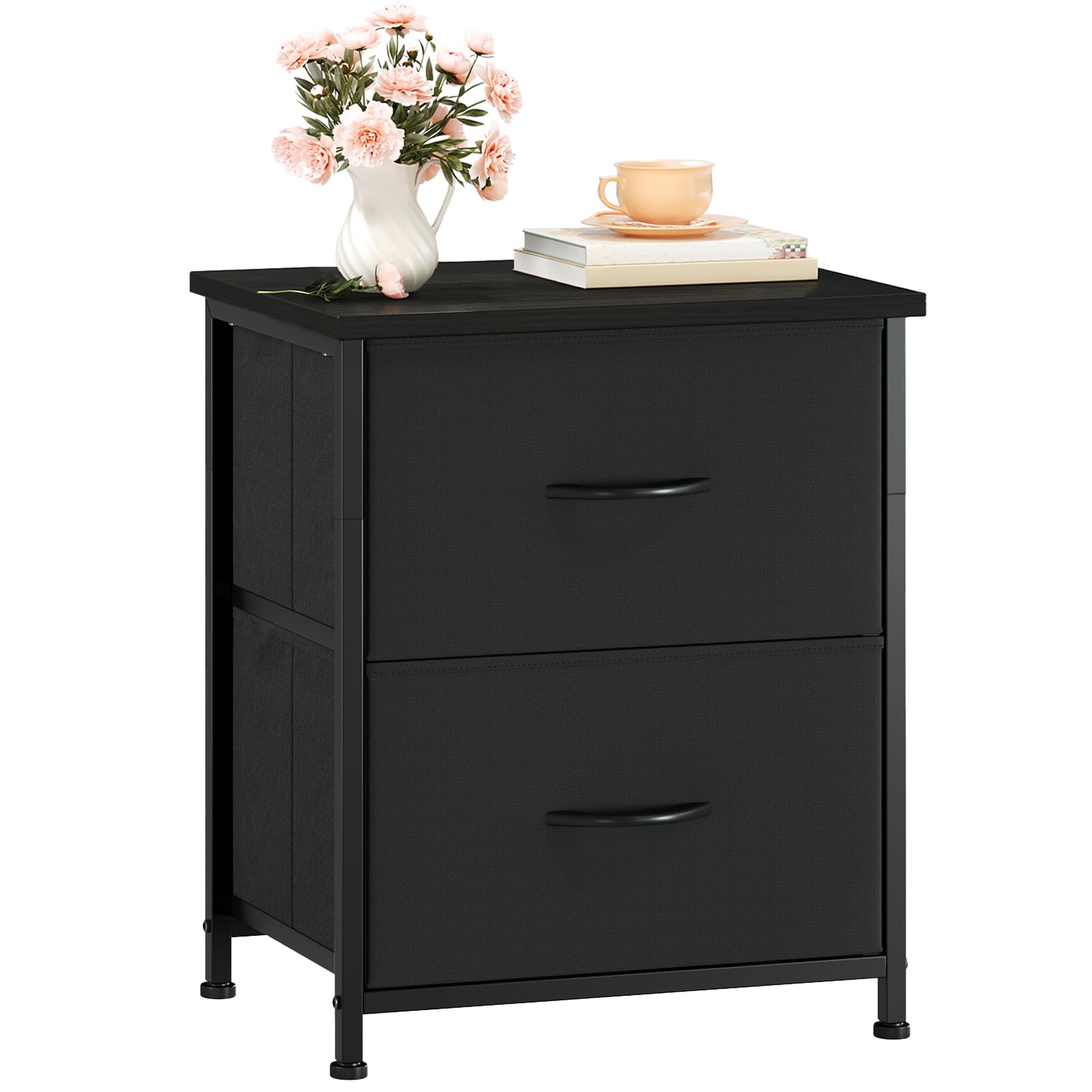 Somdot Nightstand with 2 Drawers, Small Bedside Table with Removable Fabric Bins for Bedroom, Nursery & Living Room - Sturdy Steel Frame, Wood Top, Ash Grey