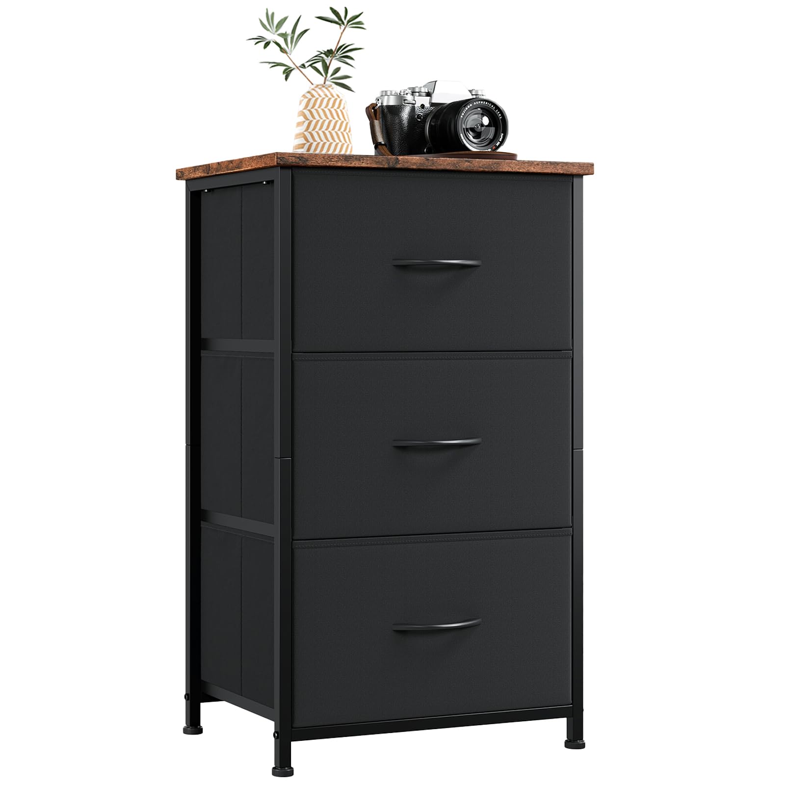 Somdot Nightstand, 3 Drawer Dresser for Bedroom, Bedside Table Night Stand End Table with Fabric Bins for Bedroom Closet Dorm,Black