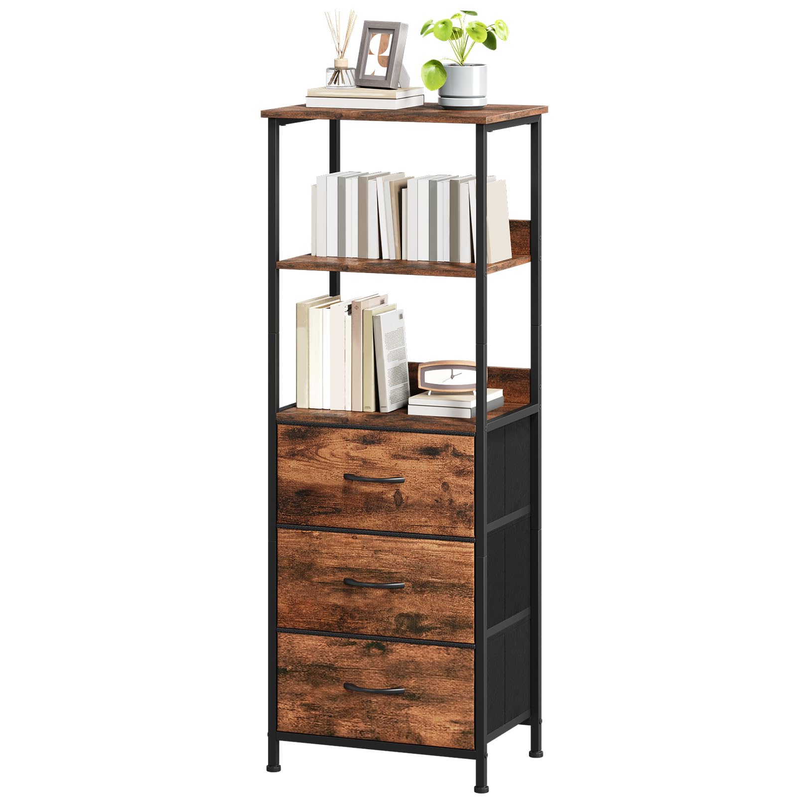 Somdot 5 Tier Bookshelf,Tall Bookcase with 3 Fabric Drawers,Storage Wood Shelf and Metal Frame,Shelving Unit for Living Room,Office,Study,Black