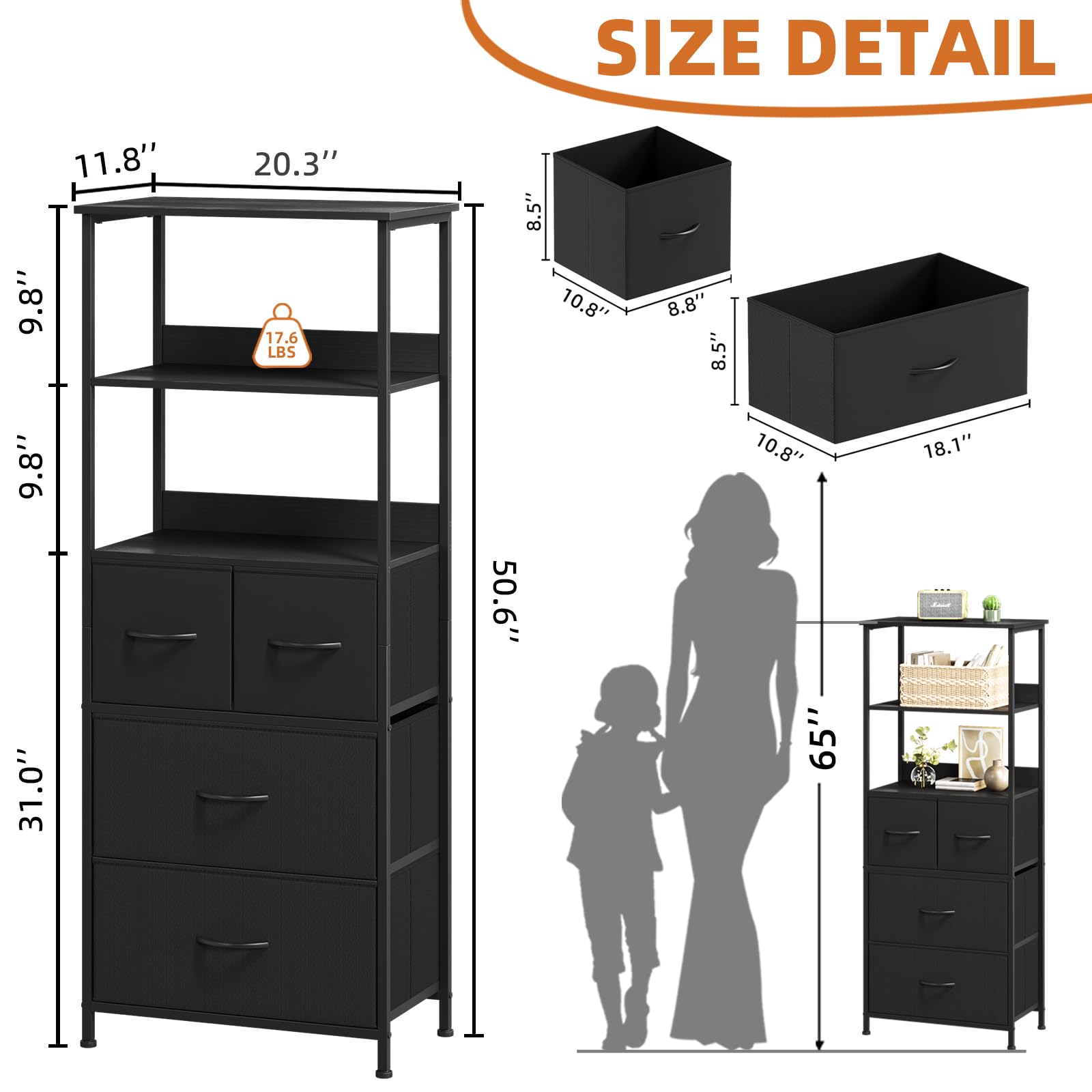 Somdot 5 Tier Bookshelf,Tall Bookcase with 3 Fabric Drawers,Storage Wood Shelf and Metal Frame,Shelving Unit for Living Room,Office,Study,Black