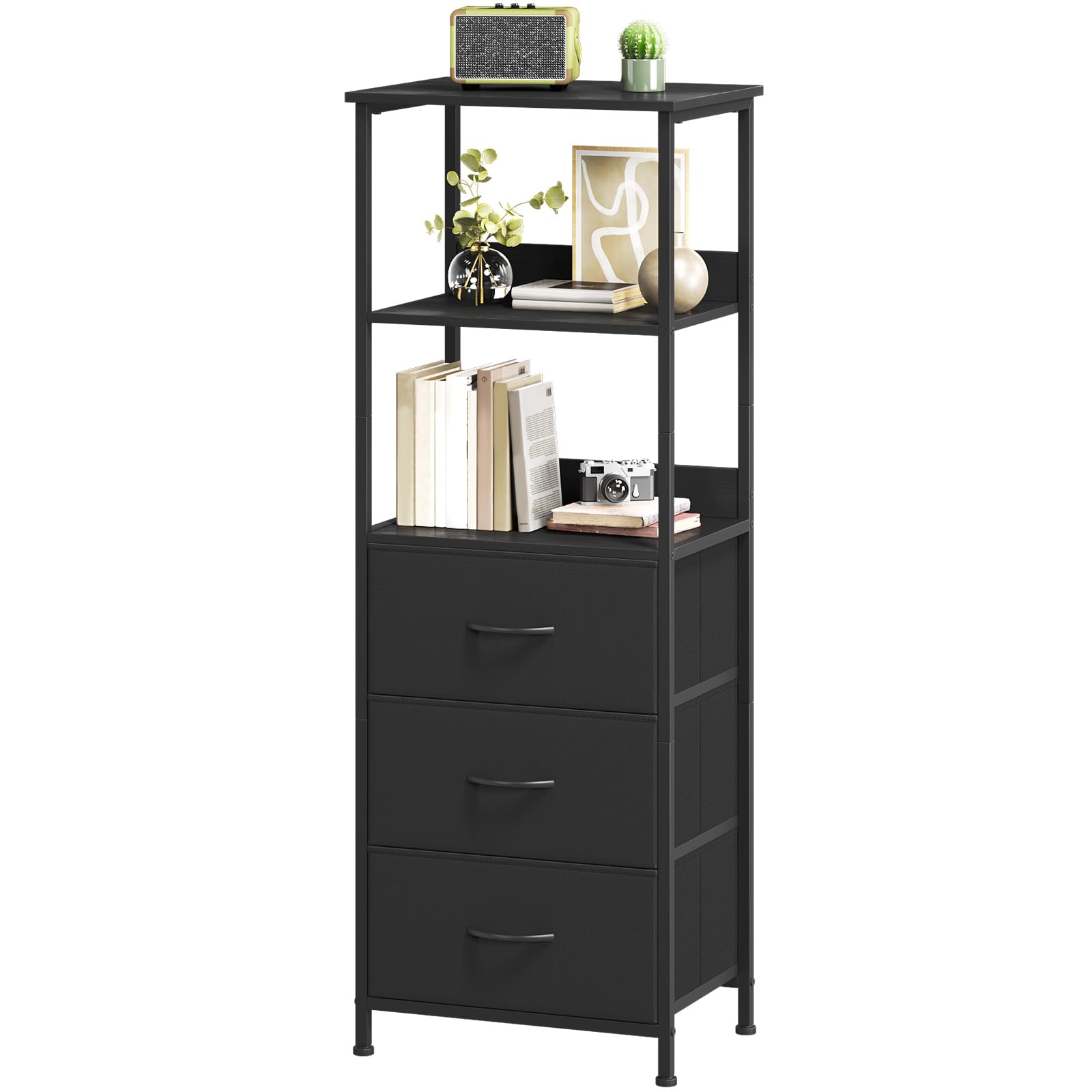 Somdot 5 Tier Bookshelf,Tall Bookcase with 3 Fabric Drawers,Storage Wood Shelf and Metal Frame,Shelving Unit for Living Room,Office,Study,Black