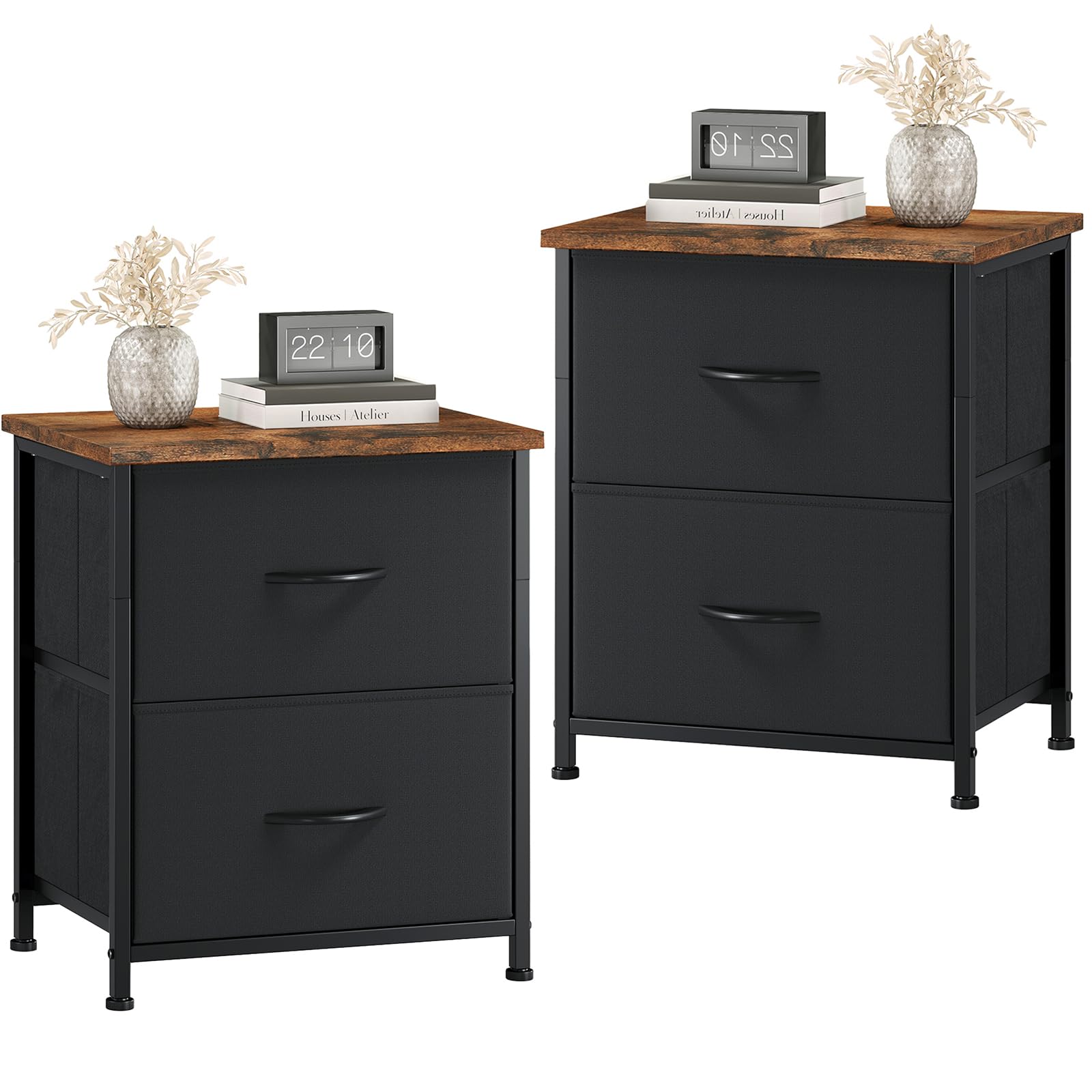 Somdot Nightstand with 2 Drawers, Small Bedside Table with Removable Fabric Bins for Bedroom, Nursery & Living Room - Sturdy Steel Frame, Wood Top, Ash Grey