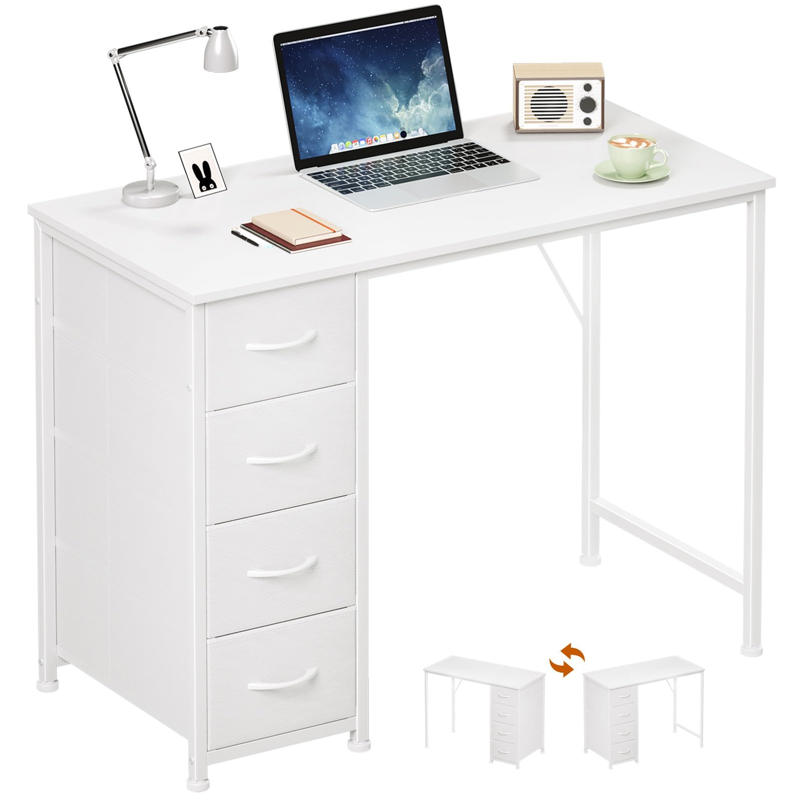 Somdot Computer Desk with 4 Fabric Drawers, 39.4 inch Reversible Home Office Desk, Small Gaming Desk with Drawers, Metal Frame for Home Office, Black