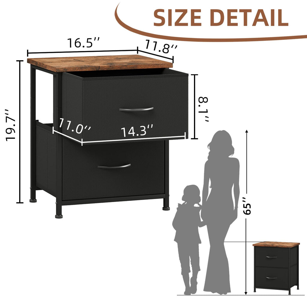 Somdot Nightstand with 2 Drawers, Small Bedside Table with Removable Fabric Bins for Bedroom, Nursery & Living Room - Sturdy Steel Frame, Wood Top, Ash Grey