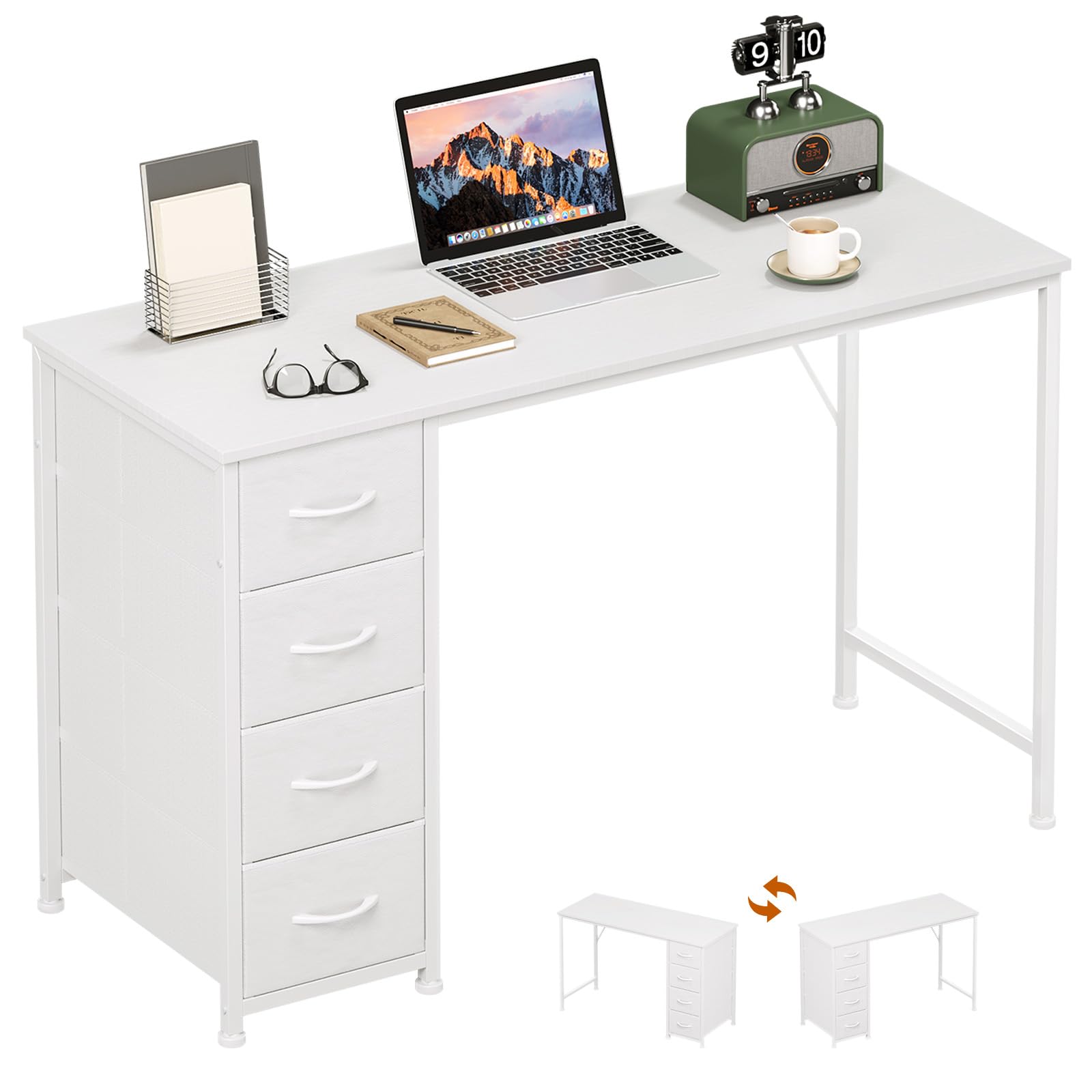 Somdot Computer Desk with 4 Fabric Drawers, 39.4 inch Reversible Home Office Desk, Small Gaming Desk with Drawers, Metal Frame for Home Office, Black