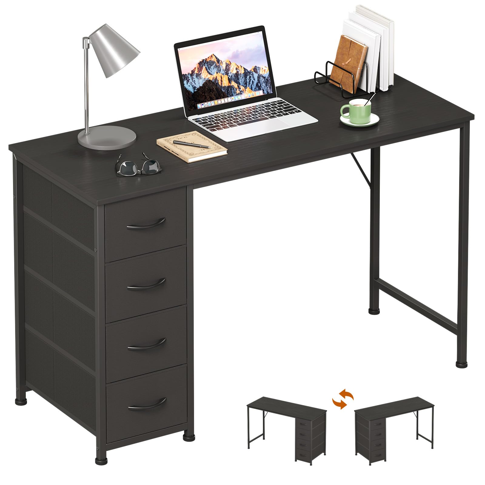 Somdot Computer Desk with 4 Fabric Drawers, 39.4 inch Reversible Home Office Desk, Small Gaming Desk with Drawers, Metal Frame for Home Office, Black