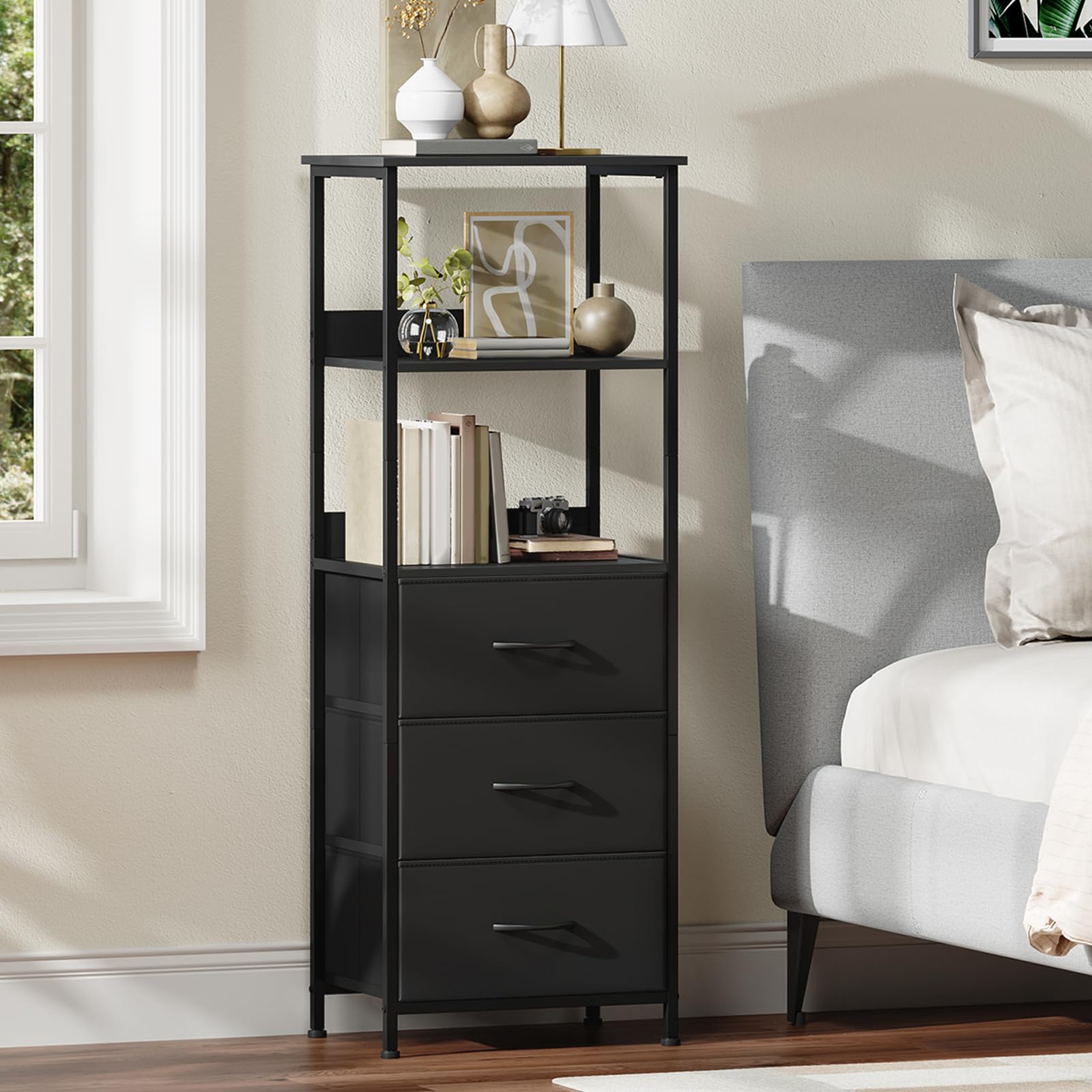 Somdot 5 Tier Bookshelf,Tall Bookcase with 3 Fabric Drawers,Storage Wood Shelf and Metal Frame,Shelving Unit for Living Room,Office,Study,Black