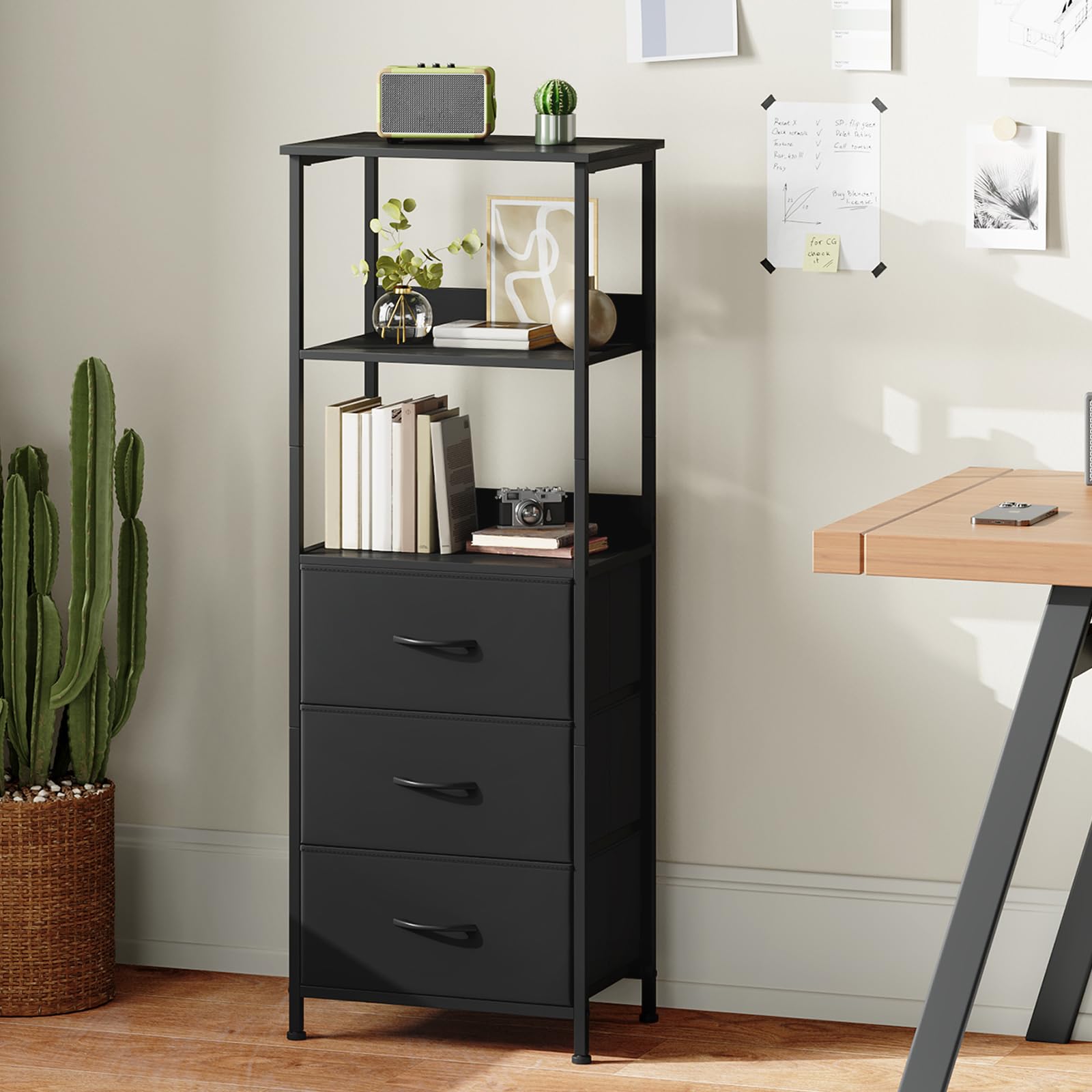 Somdot 5 Tier Bookshelf,Tall Bookcase with 3 Fabric Drawers,Storage Wood Shelf and Metal Frame,Shelving Unit for Living Room,Office,Study,Black