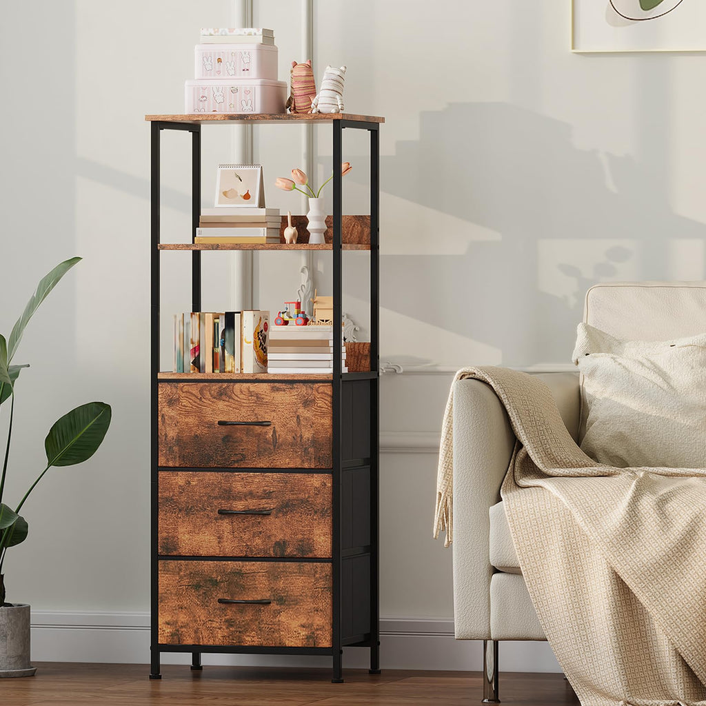 Somdot 5 Tier Bookshelf,Tall Bookcase with 3 Fabric Drawers,Storage Wood Shelf and Metal Frame,Shelving Unit for Living Room,Office,Study,Black