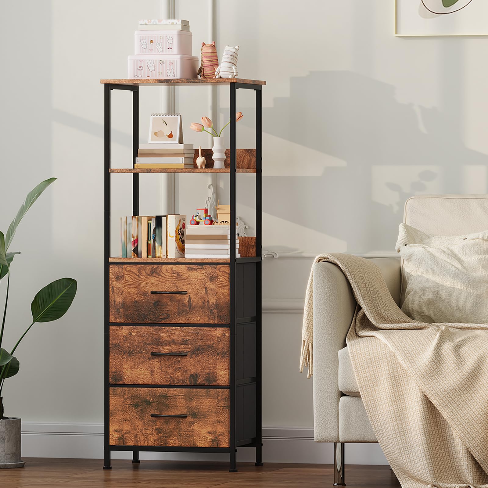 Somdot 5 Tier Bookshelf,Tall Bookcase with 3 Fabric Drawers,Storage Wood Shelf and Metal Frame,Shelving Unit for Living Room,Office,Study,Black