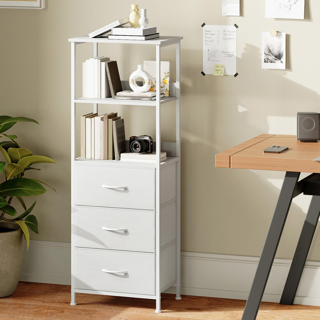 Somdot 5 Tier Bookshelf,Tall Bookcase with 3 Fabric Drawers,Storage Wood Shelf and Metal Frame,Shelving Unit for Living Room,Office,Study,Black