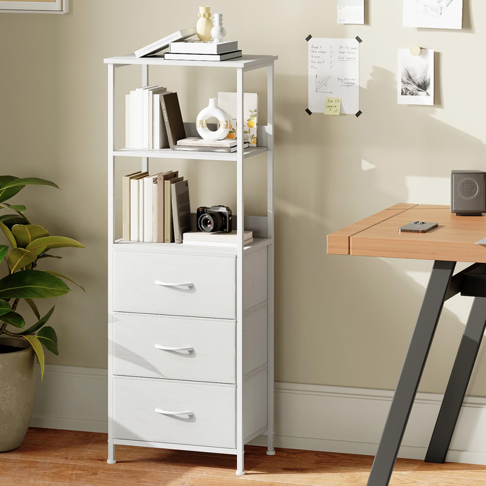 Somdot 5 Tier Bookshelf,Tall Bookcase with 3 Fabric Drawers,Storage Wood Shelf and Metal Frame,Shelving Unit for Living Room,Office,Study,Black