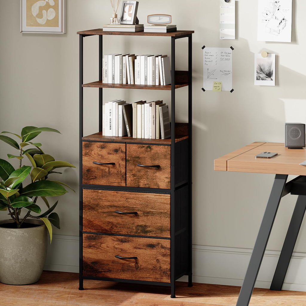 Somdot 5 Tier Bookshelf,Tall Bookcase with 3 Fabric Drawers,Storage Wood Shelf and Metal Frame,Shelving Unit for Living Room,Office,Study,Black