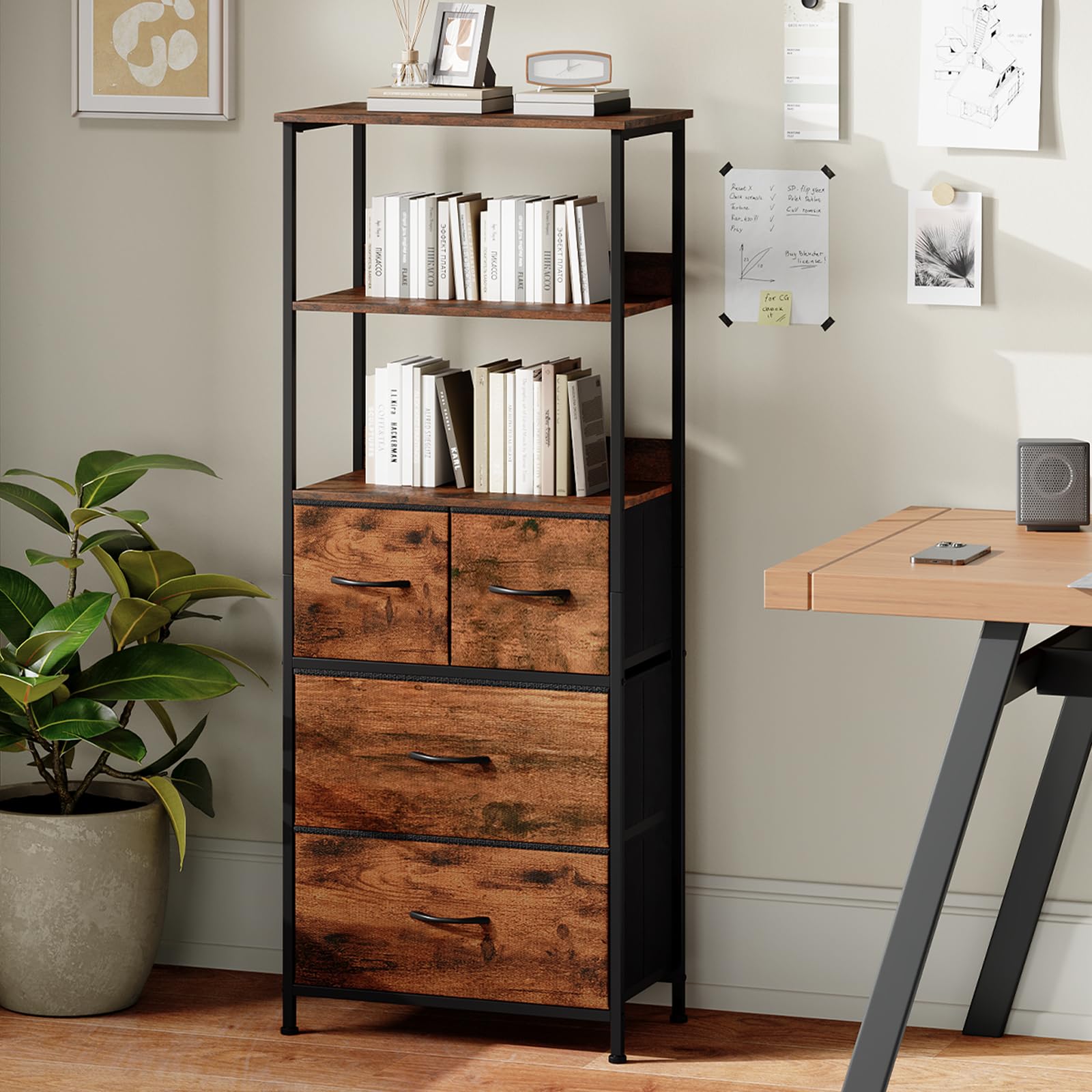 Somdot 5 Tier Bookshelf,Tall Bookcase with 3 Fabric Drawers,Storage Wood Shelf and Metal Frame,Shelving Unit for Living Room,Office,Study,Black