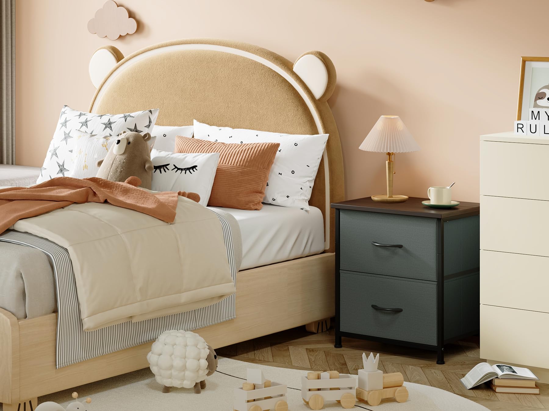 Somdot Nightstand with 2 Drawers, Small Bedside Table with Removable Fabric Bins for Bedroom, Nursery & Living Room - Sturdy Steel Frame, Wood Top, Ash Grey