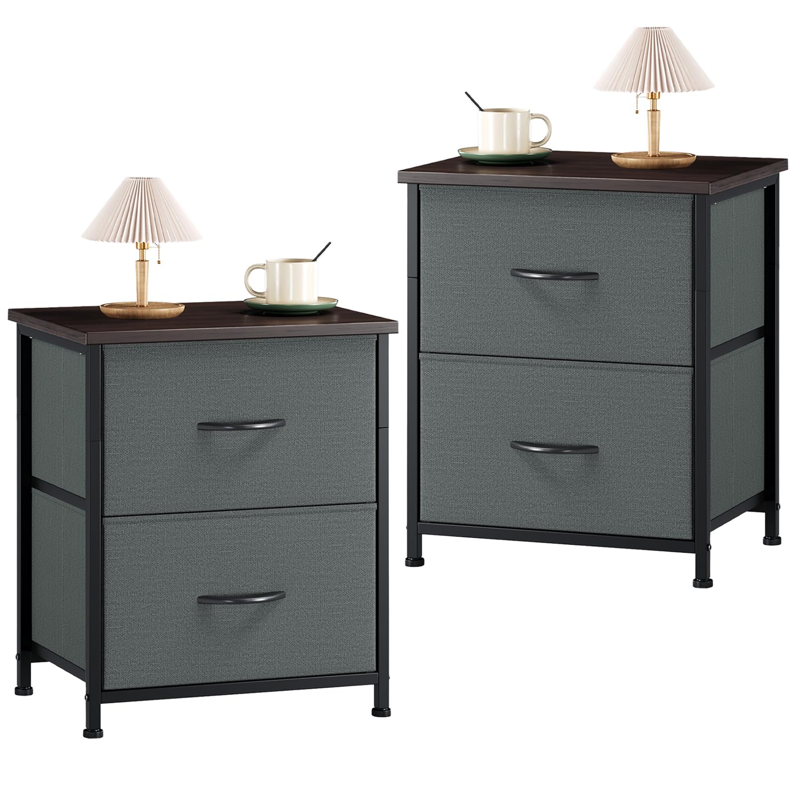 Somdot Nightstand with 2 Drawers, Small Bedside Table with Removable Fabric Bins for Bedroom, Nursery & Living Room - Sturdy Steel Frame, Wood Top, Ash Grey