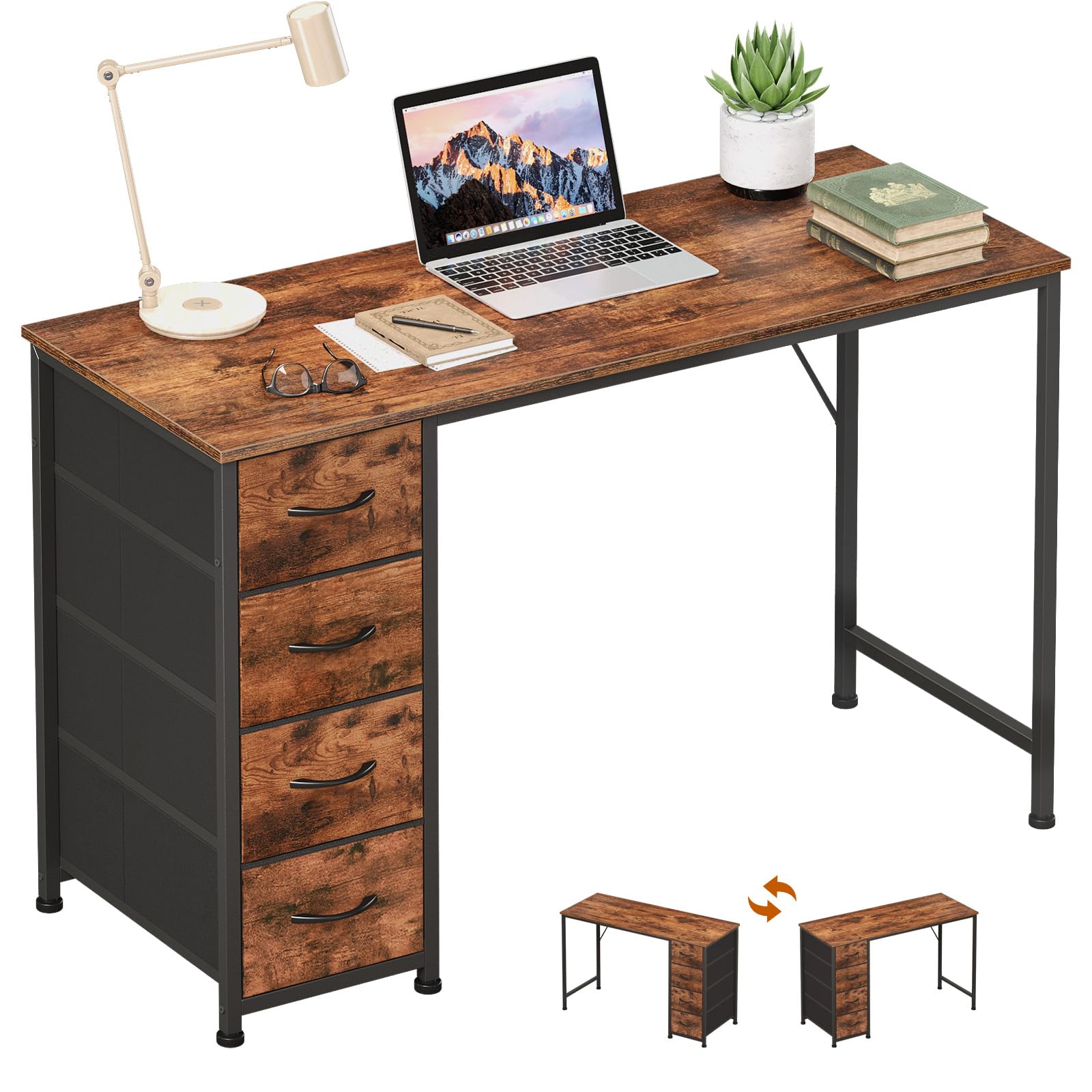 Somdot Computer Desk with 4 Fabric Drawers, 39.4 inch Reversible Home Office Desk, Small Gaming Desk with Drawers, Metal Frame for Home Office, Black