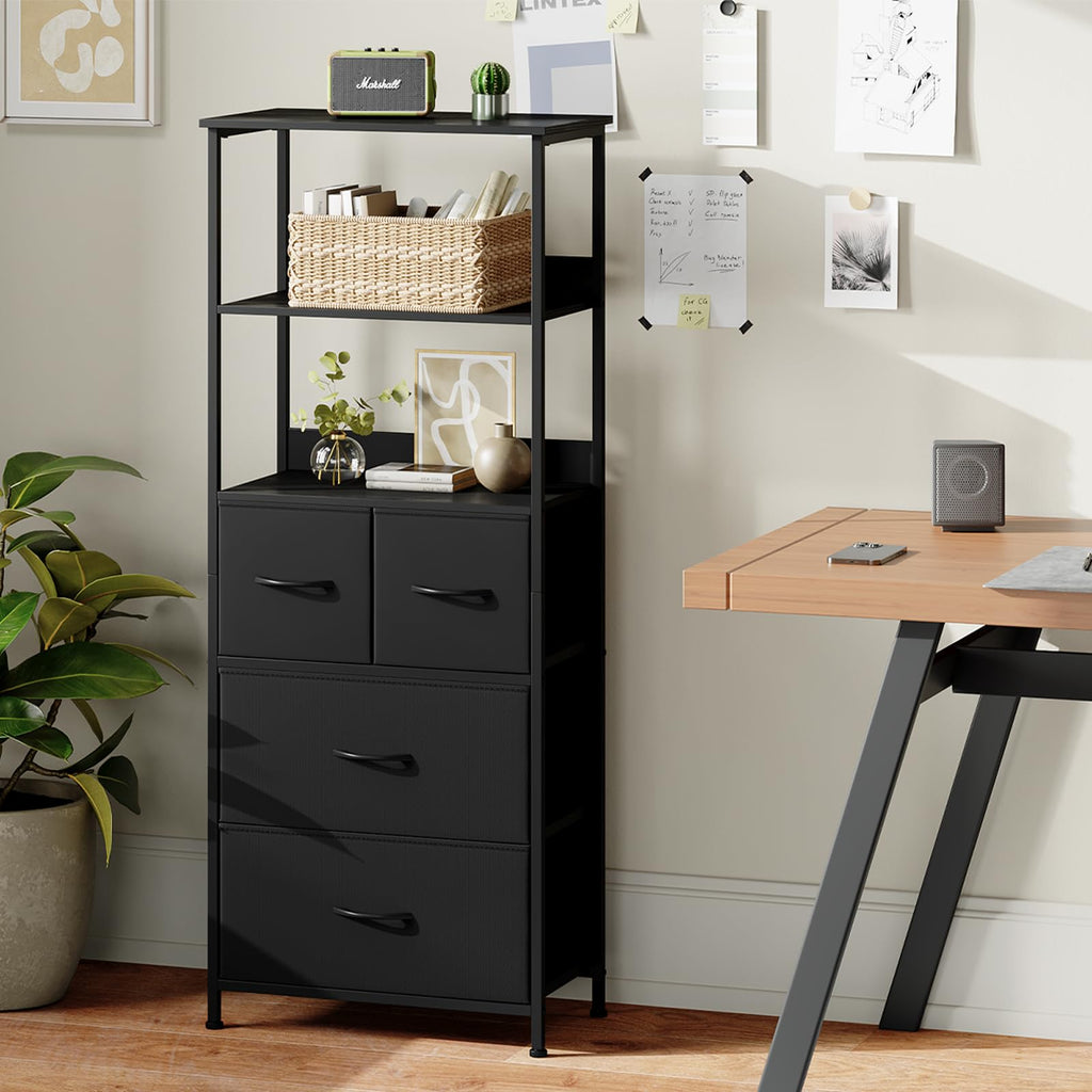 Somdot 5 Tier Bookshelf,Tall Bookcase with 3 Fabric Drawers,Storage Wood Shelf and Metal Frame,Shelving Unit for Living Room,Office,Study,Black