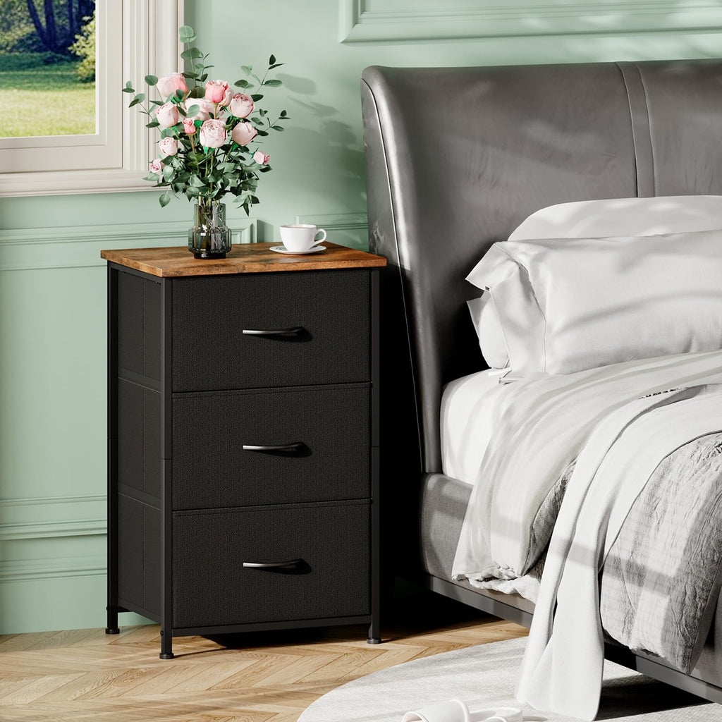 Somdot Nightstand, 3 Drawer Dresser for Bedroom, Bedside Table Night Stand End Table with Fabric Bins for Bedroom Closet Dorm,Black