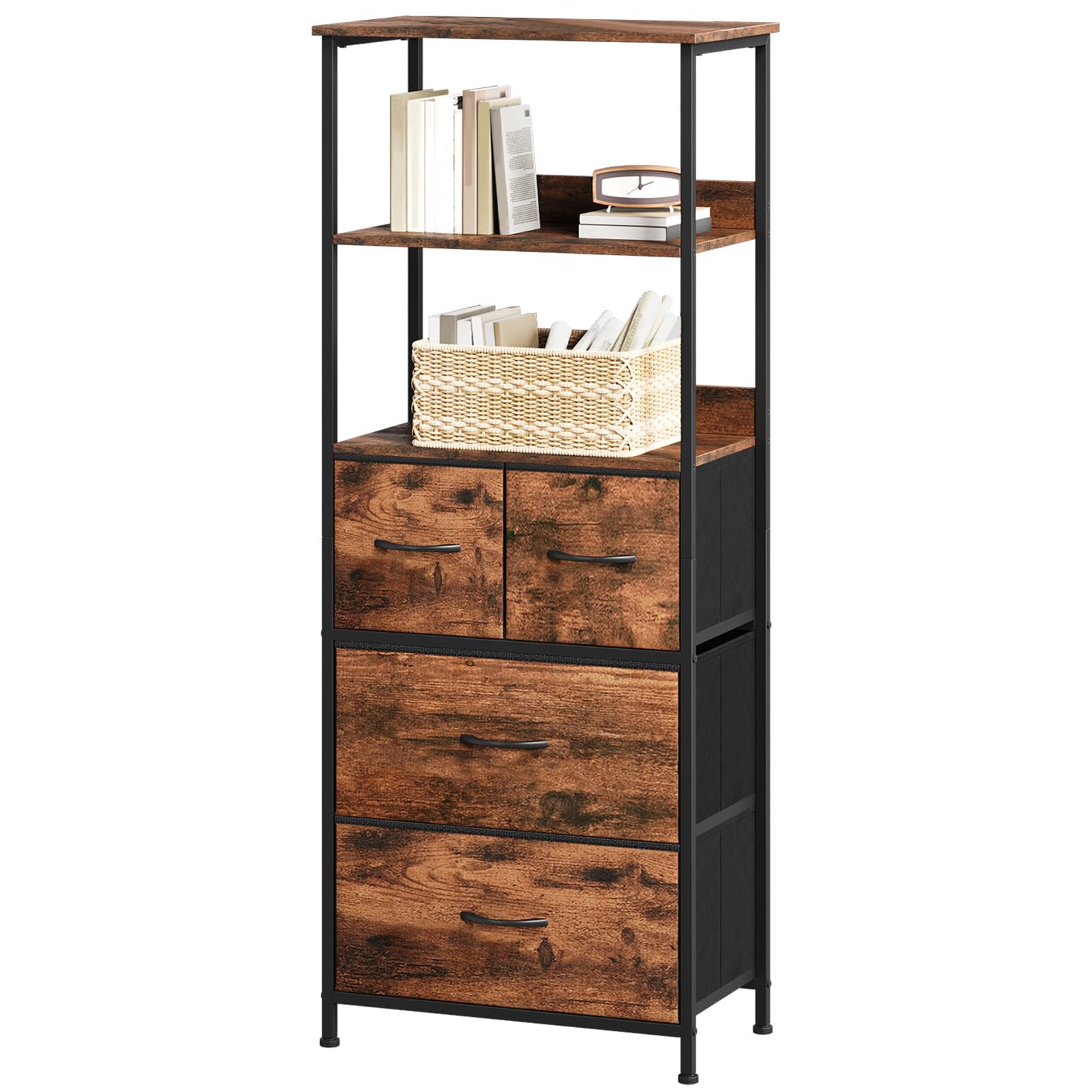 Somdot 5 Tier Bookshelf,Tall Bookcase with 3 Fabric Drawers,Storage Wood Shelf and Metal Frame,Shelving Unit for Living Room,Office,Study,Black