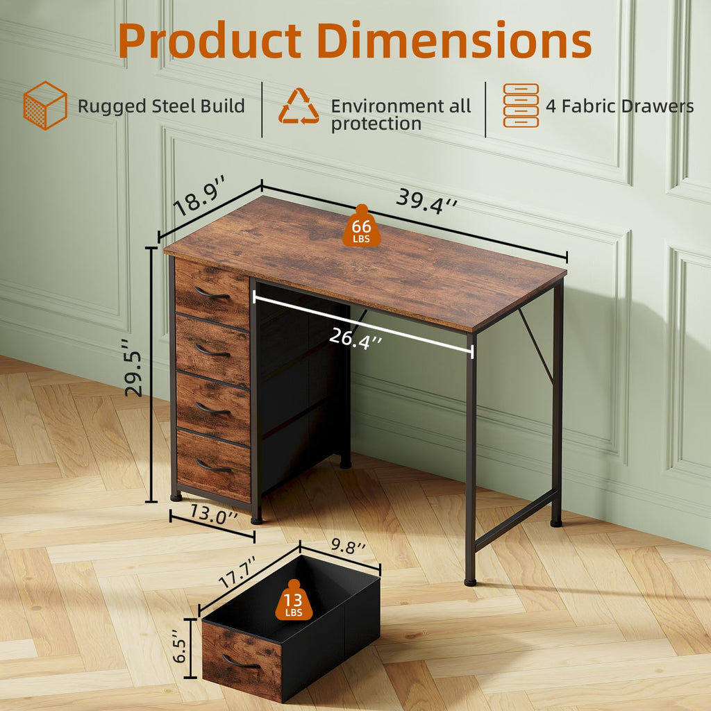Somdot Computer Desk with 4 Fabric Drawers, 39.4 inch Reversible Home Office Desk, Small Gaming Desk with Drawers, Metal Frame for Home Office, Black