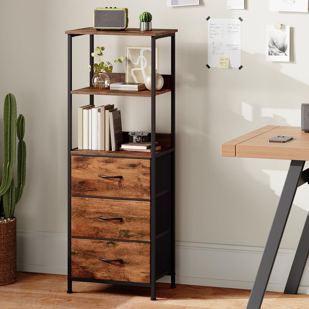 Somdot 5 Tier Bookshelf,Tall Bookcase with 3 Fabric Drawers,Storage Wood Shelf and Metal Frame,Shelving Unit for Living Room,Office,Study,Black