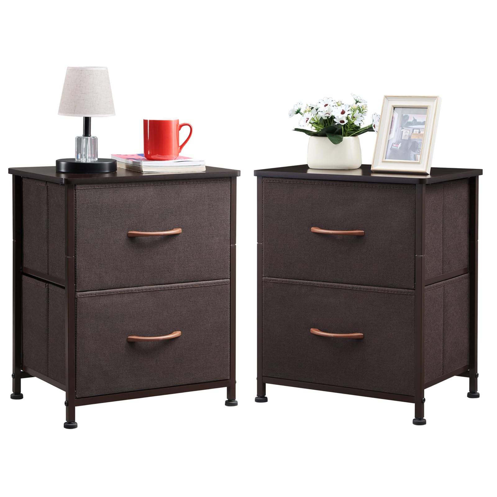 Somdot Nightstand with 2 Drawers, Small Bedside Table with Removable Fabric Bins for Bedroom, Nursery & Living Room - Sturdy Steel Frame, Wood Top, Ash Grey