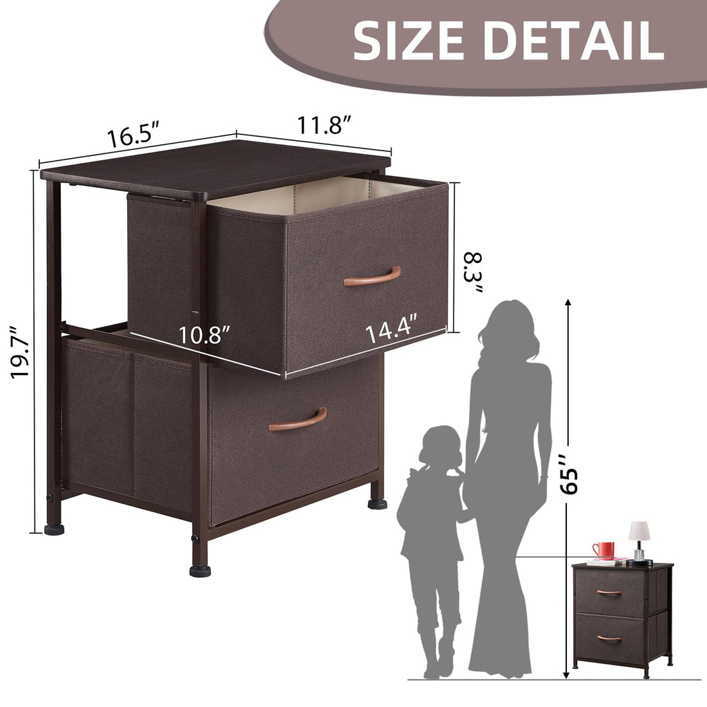 Somdot Nightstand with 2 Drawers, Small Bedside Table with Removable Fabric Bins for Bedroom, Nursery & Living Room - Sturdy Steel Frame, Wood Top, Ash Grey