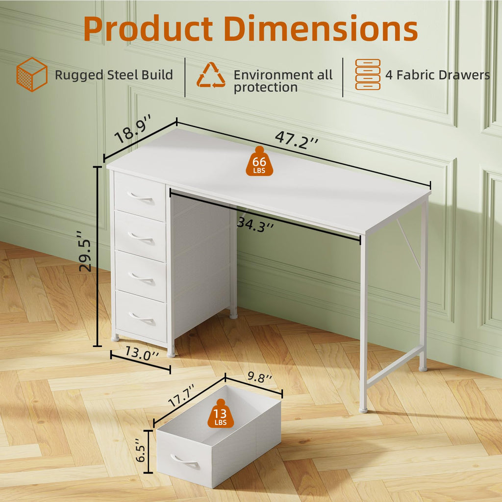 Somdot Computer Desk with 4 Fabric Drawers, 39.4 inch Reversible Home Office Desk, Small Gaming Desk with Drawers, Metal Frame for Home Office, Black
