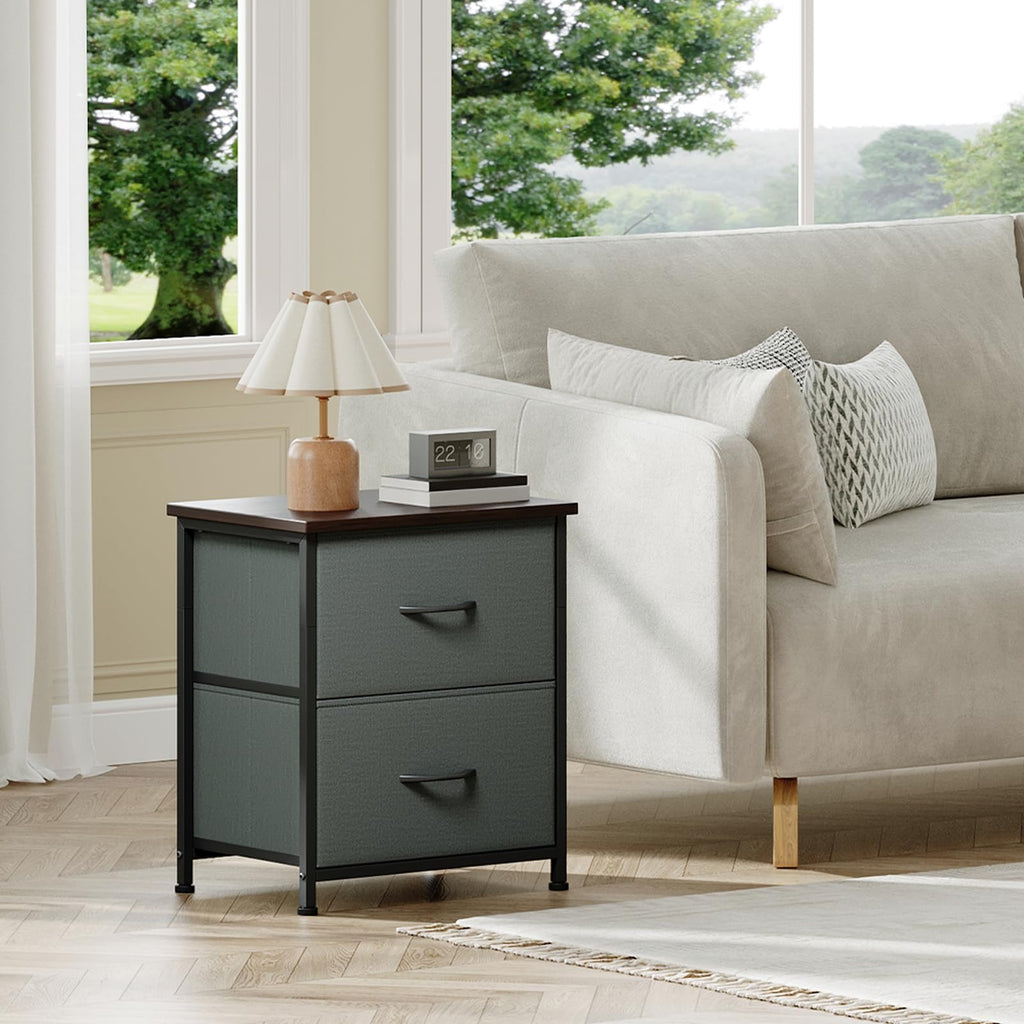 Somdot Nightstand with 2 Drawers, Small Bedside Table with Removable Fabric Bins for Bedroom, Nursery & Living Room - Sturdy Steel Frame, Wood Top, Ash Grey