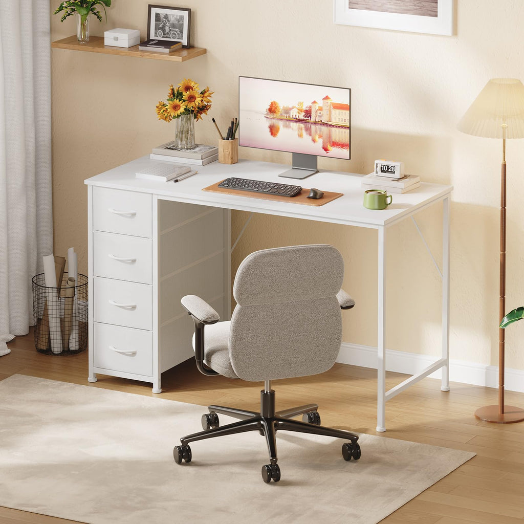 Somdot Computer Desk with 4 Fabric Drawers, 39.4 inch Reversible Home Office Desk, Small Gaming Desk with Drawers, Metal Frame for Home Office, Black