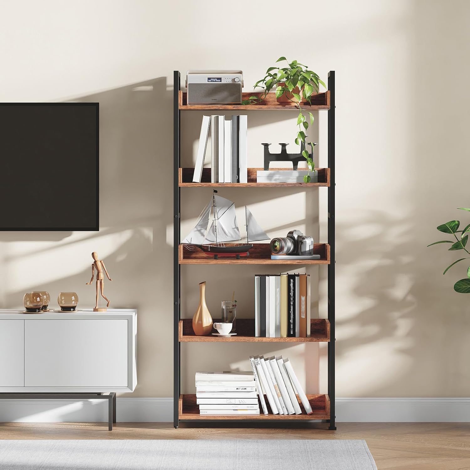 Somdot Bookshelf, 5 Tier Bookshelves with Open Storage, Free Standing Shelving Unit, Industrial Bookcase for Bedroom, Living Room and Home Office, Wood Grain Print