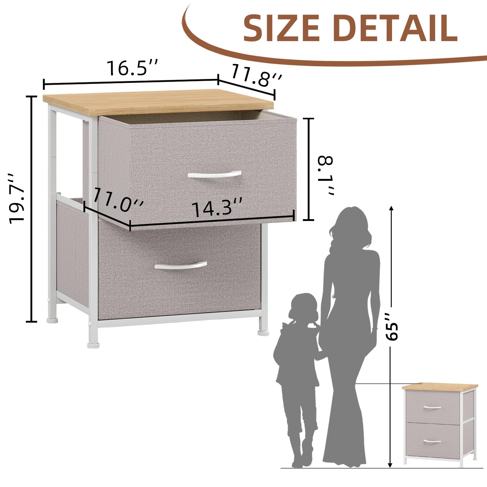 Somdot Nightstand with 2 Drawers, Small Bedside Table with Removable Fabric Bins for Bedroom, Nursery & Living Room - Sturdy Steel Frame, Wood Top, Ash Grey