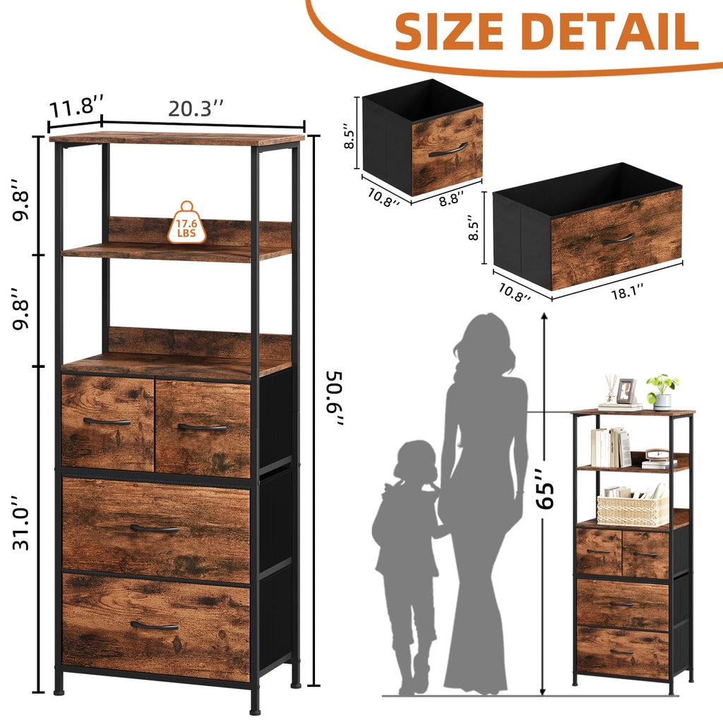 Somdot 5 Tier Bookshelf,Tall Bookcase with 3 Fabric Drawers,Storage Wood Shelf and Metal Frame,Shelving Unit for Living Room,Office,Study,Black