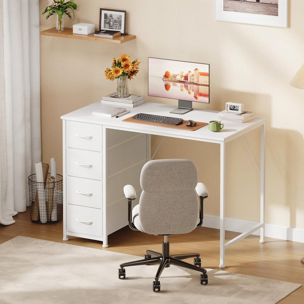 Somdot Computer Desk with 4 Fabric Drawers, 39.4 inch Reversible Home Office Desk, Small Gaming Desk with Drawers, Metal Frame for Home Office, Black