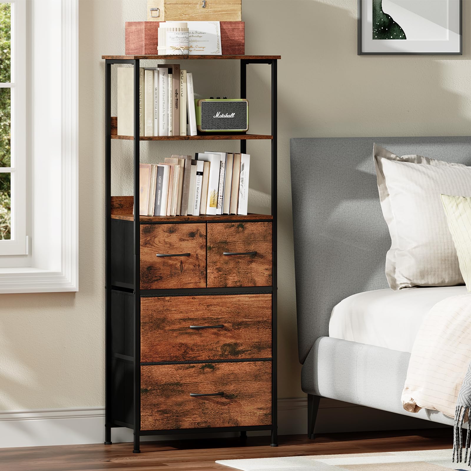 Somdot 5 Tier Bookshelf,Tall Bookcase with 3 Fabric Drawers,Storage Wood Shelf and Metal Frame,Shelving Unit for Living Room,Office,Study,Black