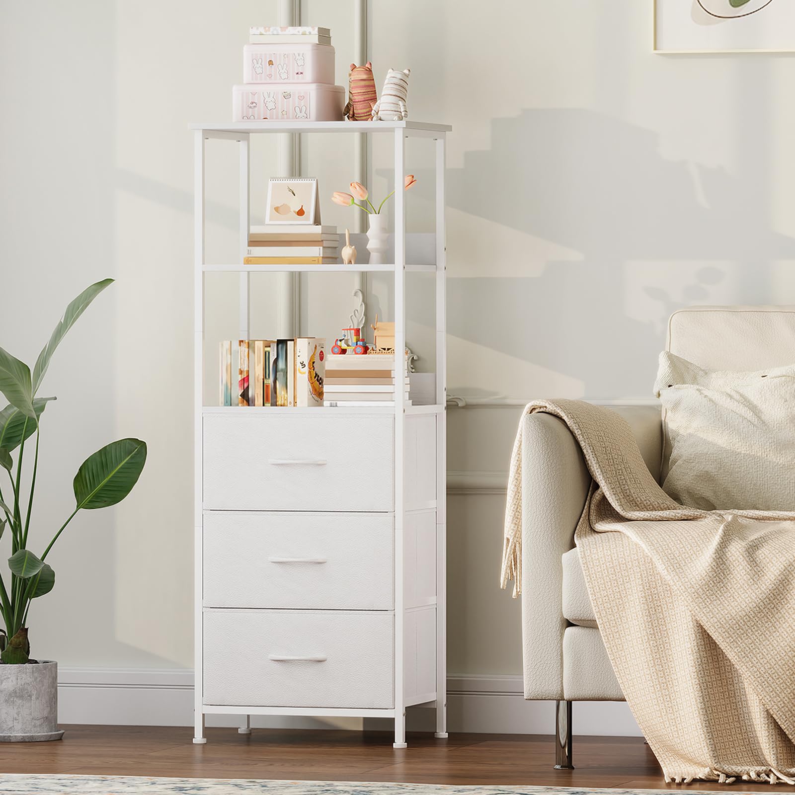 Somdot 5 Tier Bookshelf,Tall Bookcase with 3 Fabric Drawers,Storage Wood Shelf and Metal Frame,Shelving Unit for Living Room,Office,Study,Black