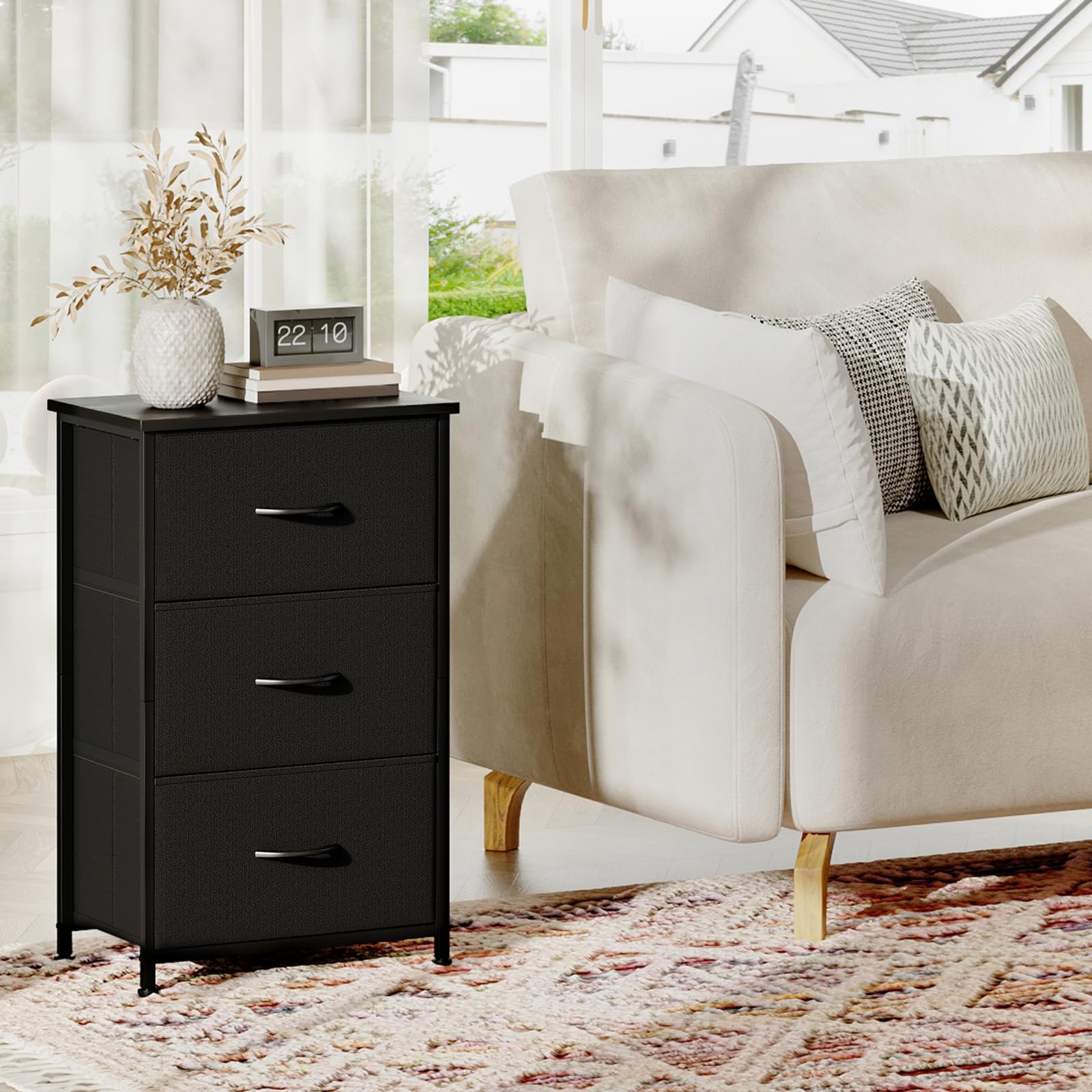 Somdot Nightstand, 3 Drawer Dresser for Bedroom, Bedside Table Night Stand End Table with Fabric Bins for Bedroom Closet Dorm,Black