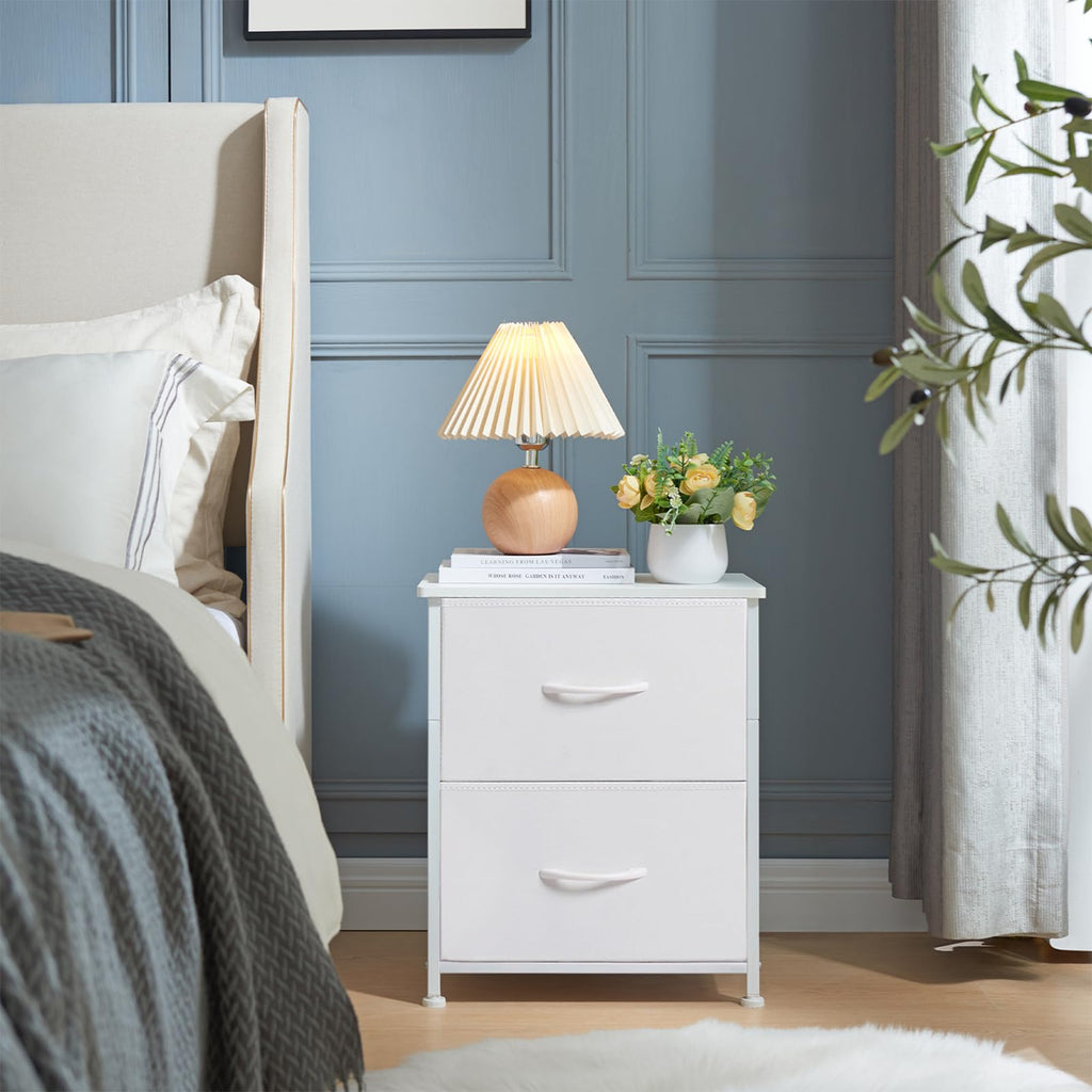 Somdot Nightstand with 2 Drawers, Small Bedside Table with Removable Fabric Bins for Bedroom, Nursery & Living Room - Sturdy Steel Frame, Wood Top, Ash Grey