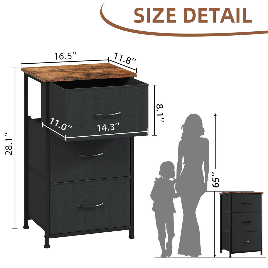 Somdot Nightstand, 3 Drawer Dresser for Bedroom, Bedside Table Night Stand End Table with Fabric Bins for Bedroom Closet Dorm,Black