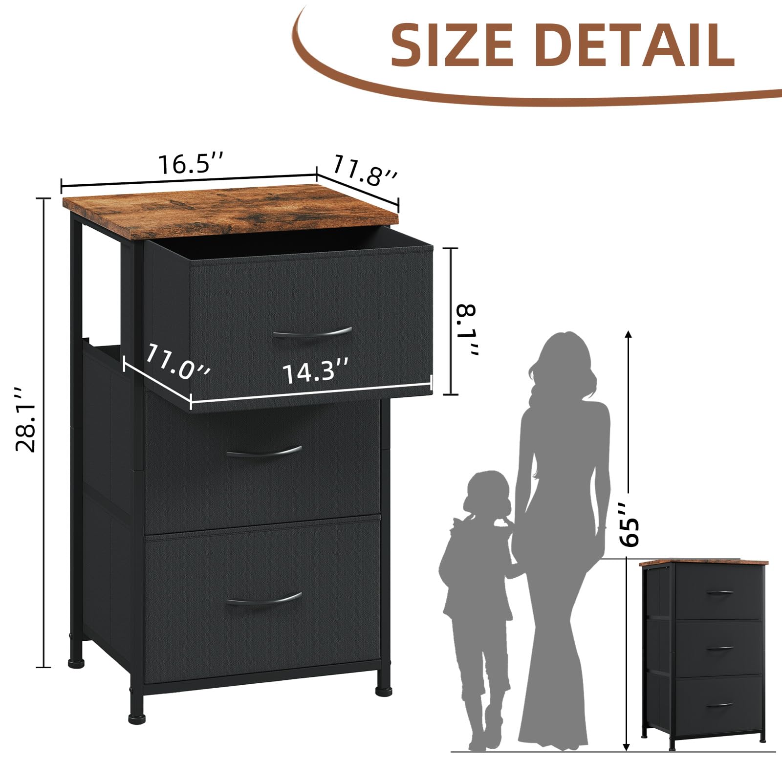 Somdot Nightstand, 3 Drawer Dresser for Bedroom, Bedside Table Night Stand End Table with Fabric Bins for Bedroom Closet Dorm,Black