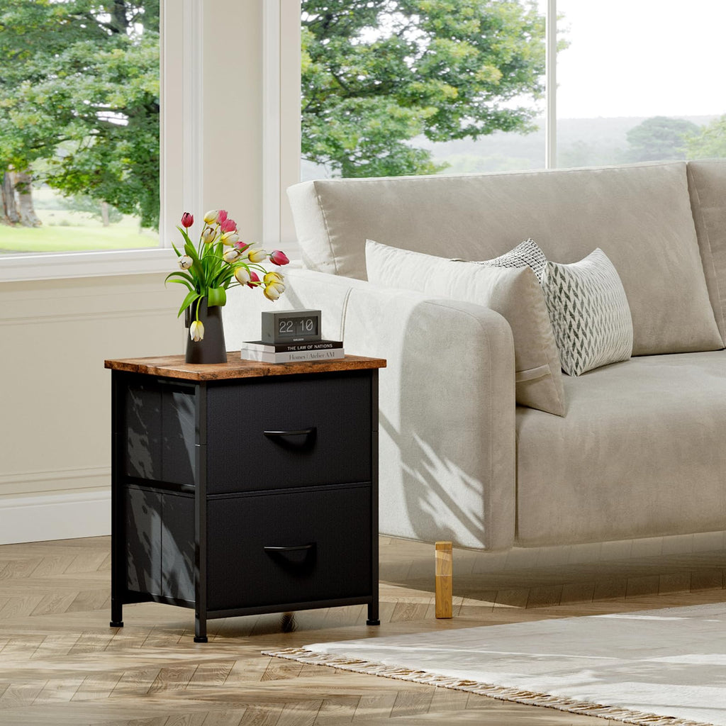 Somdot Nightstand with 2 Drawers, Small Bedside Table with Removable Fabric Bins for Bedroom, Nursery & Living Room - Sturdy Steel Frame, Wood Top, Ash Grey