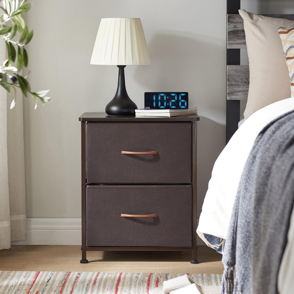 Somdot Nightstand with 2 Drawers, Small Bedside Table with Removable Fabric Bins for Bedroom, Nursery & Living Room - Sturdy Steel Frame, Wood Top, Ash Grey