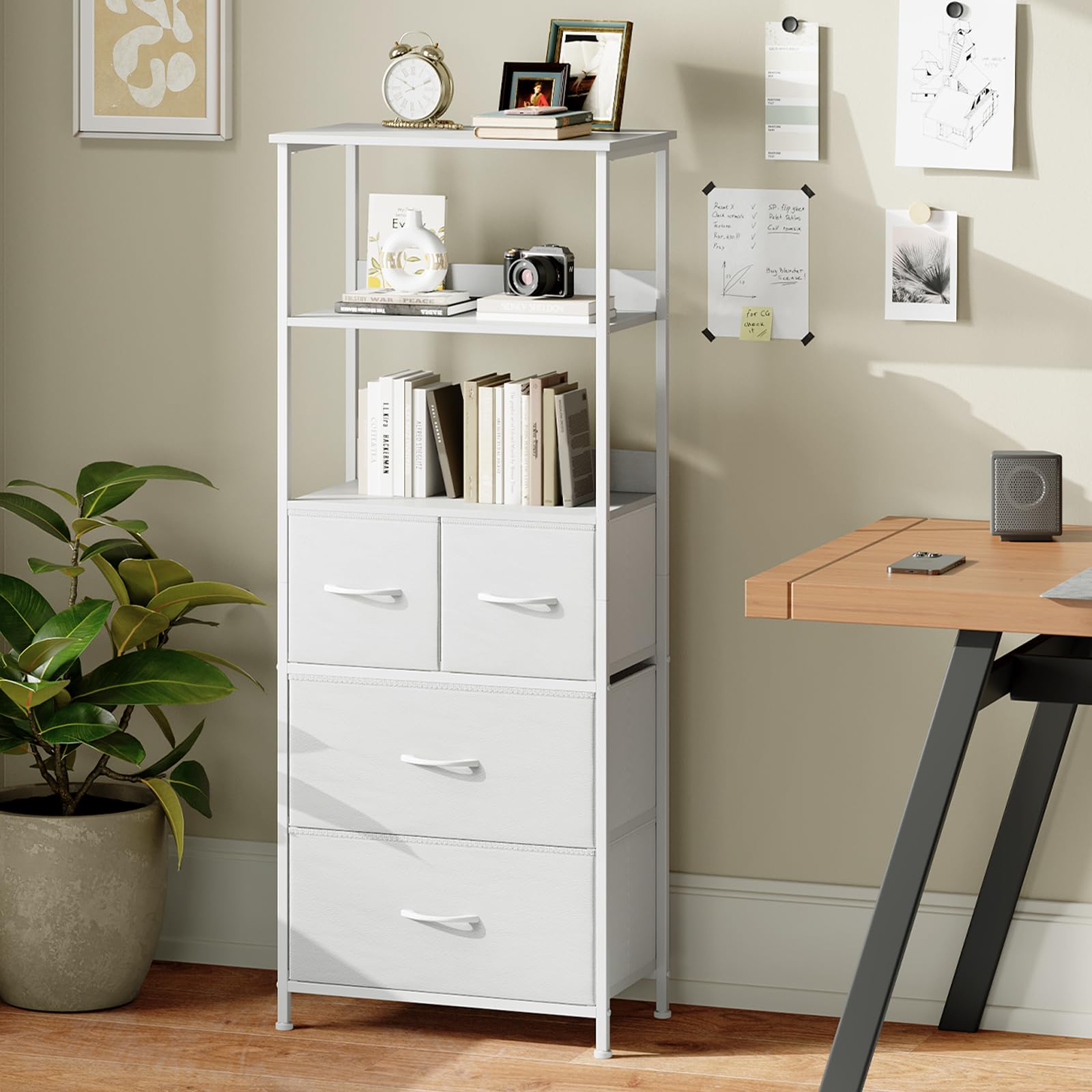 Somdot 5 Tier Bookshelf,Tall Bookcase with 3 Fabric Drawers,Storage Wood Shelf and Metal Frame,Shelving Unit for Living Room,Office,Study,Black
