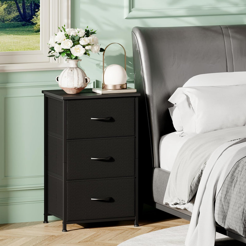 Somdot Nightstand, 3 Drawer Dresser for Bedroom, Bedside Table Night Stand End Table with Fabric Bins for Bedroom Closet Dorm,Black
