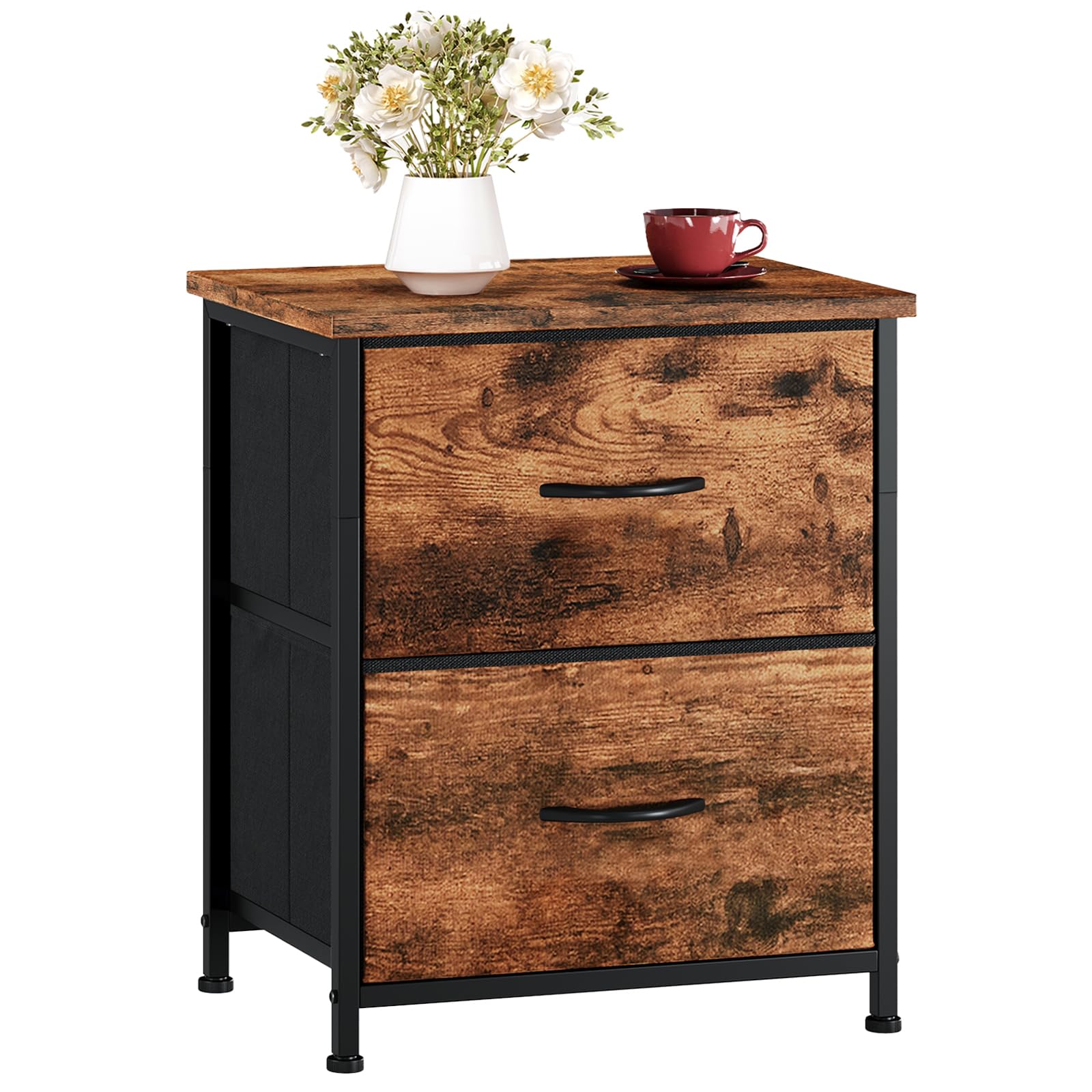 Somdot Nightstand with 2 Drawers, Small Bedside Table with Removable Fabric Bins for Bedroom, Nursery & Living Room - Sturdy Steel Frame, Wood Top, Ash Grey