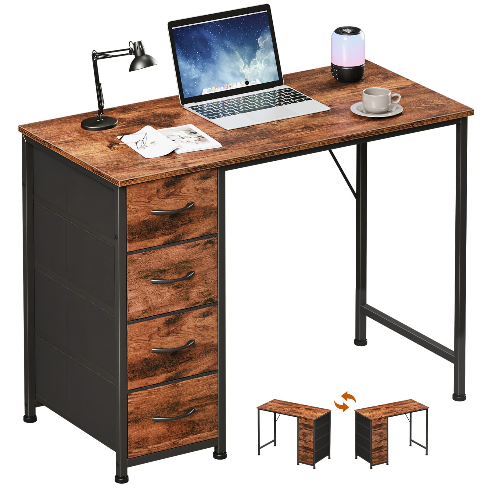 Somdot Computer Desk with 4 Fabric Drawers, 39.4 inch Reversible Home Office Desk, Small Gaming Desk with Drawers, Metal Frame for Home Office, Black